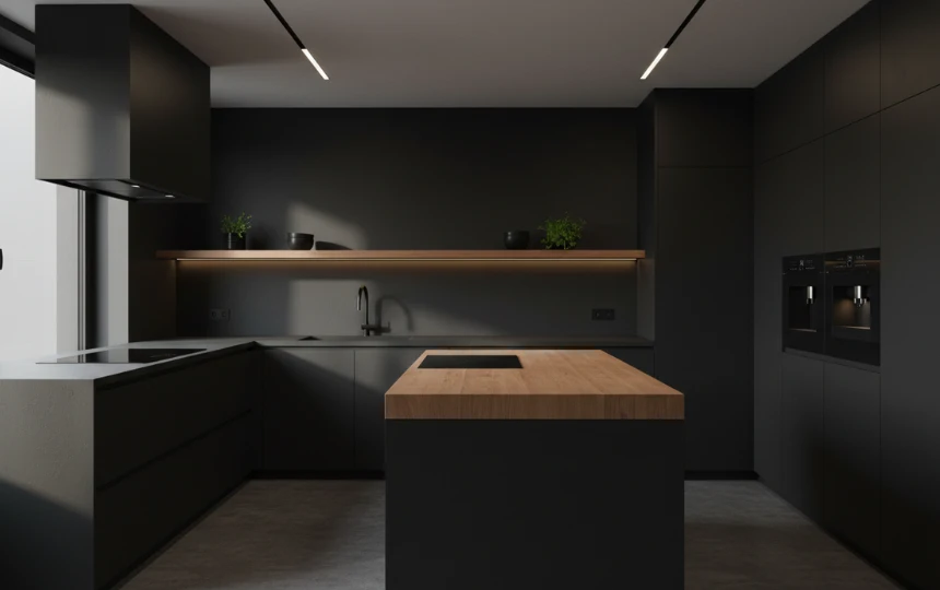 All-black matte kitchen cabinetry with concrete countertops and warm wood accents for contrast in moody kitchen