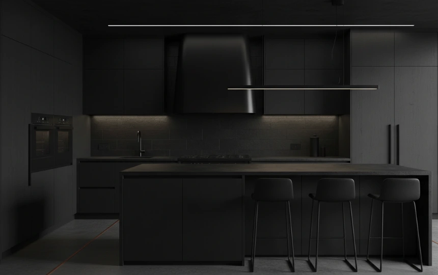 All-black modern kitchen with matte cabinetry, countertops, and backsplash tile creating dramatic atmosphere