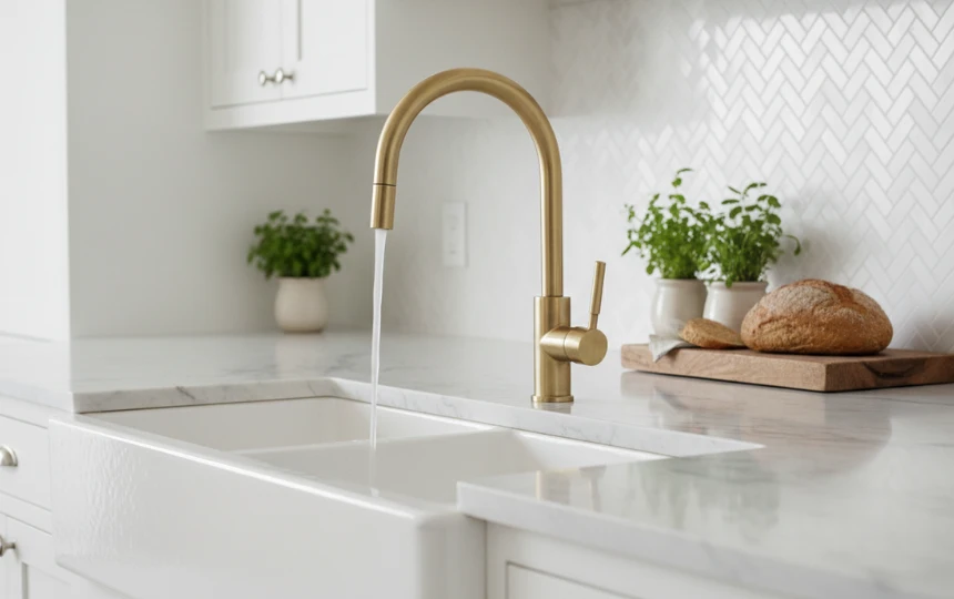 Architectural bridge faucet in unlacquered brass over farmhouse apron sink as kitchen focal point