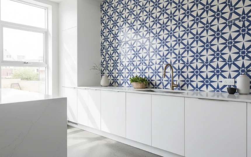 Bold blue and white encaustic cement tile backsplash as statement hero in simple white kitchen