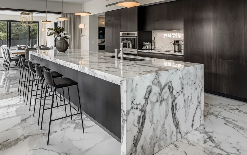 Calacatta quartz waterfall kitchen island with cascading stone sides and bar stools