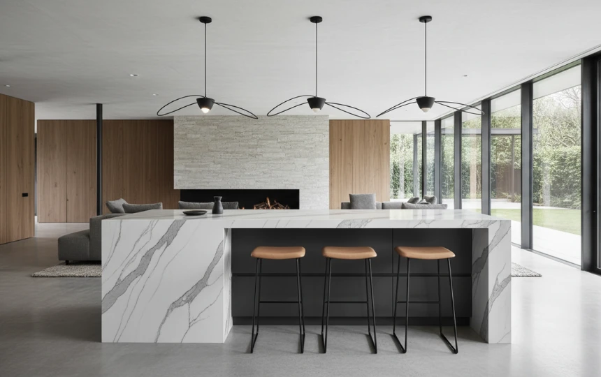Calacatta quartz waterfall kitchen island with stone cascading to floor on both sides and bar stools