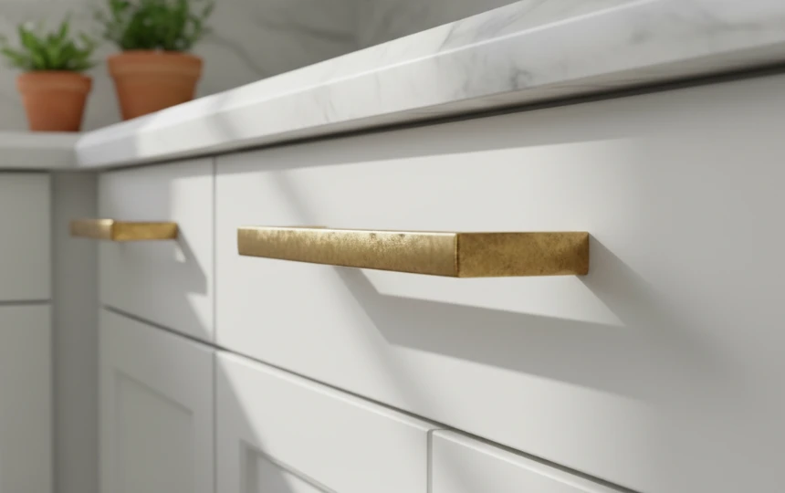 Close-up of aged unlacquered brass bar pulls on white kitchen cabinets in warm sunlight