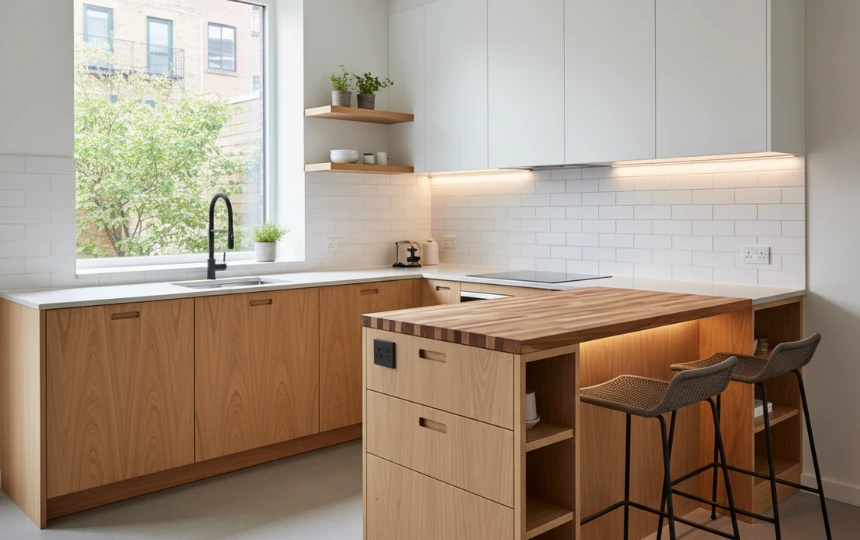 Compact well-designed modern kitchen island with butcher block top and two bar stools in small kitchen