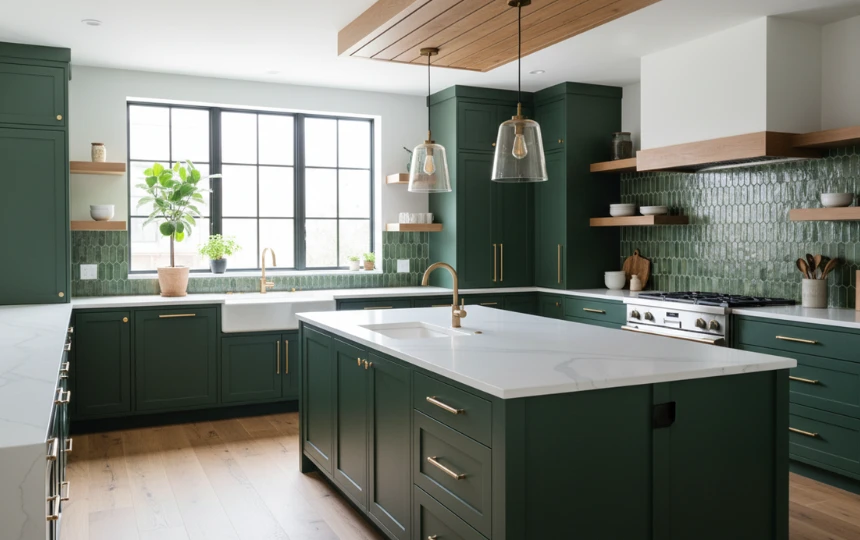 Deep forest green kitchen cabinetry with brass hardware and white countertops