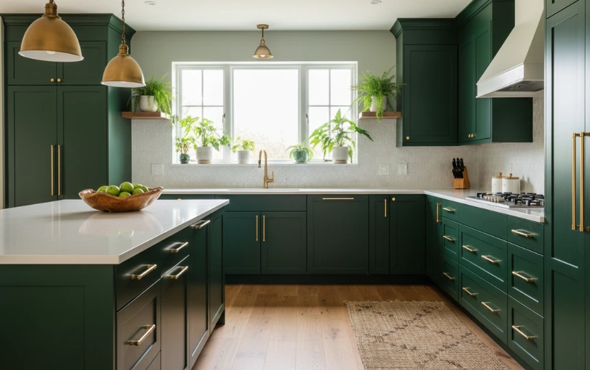 Deep hunter green flat panel kitchen cabinets with unlacquered brass hardware and white quartz countertops