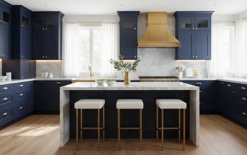 Deep navy blue kitchen cabinets with brass hardware and white quartz countertops in sophisticated modern kitchen