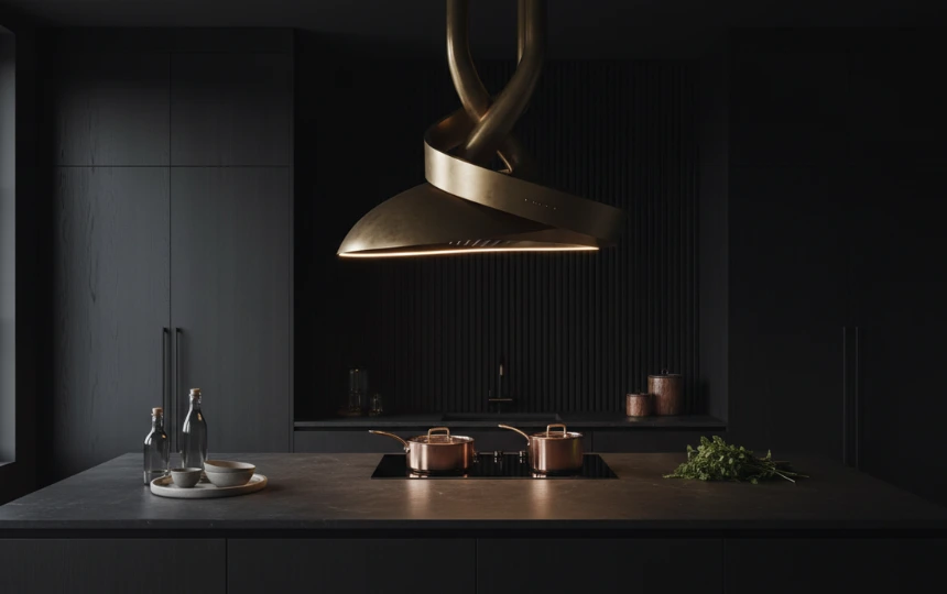 Dramatic sculptural plaster range hood as focal point with integrated lighting in modern kitchen
