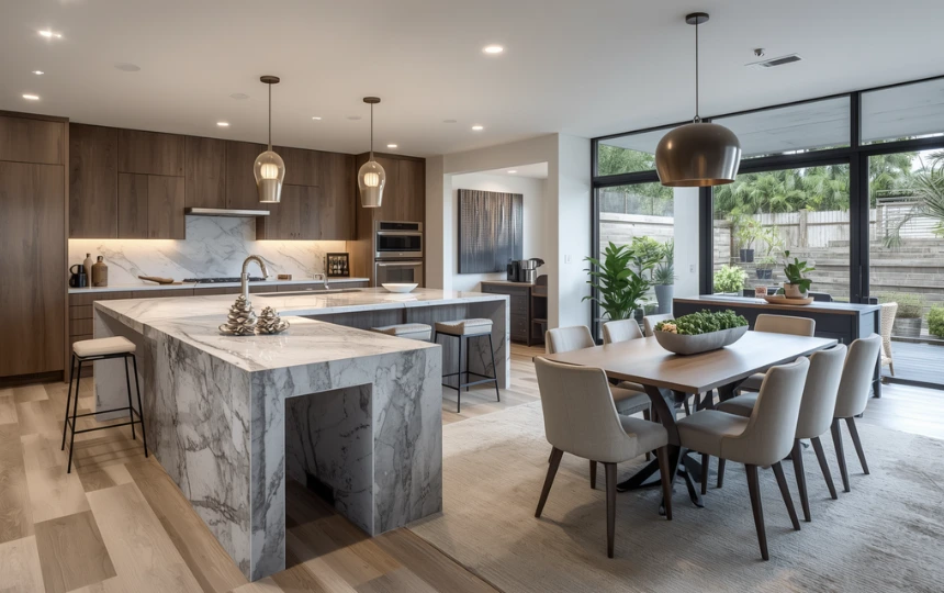 Extended kitchen island with integrated dining table end and mixed-height seating