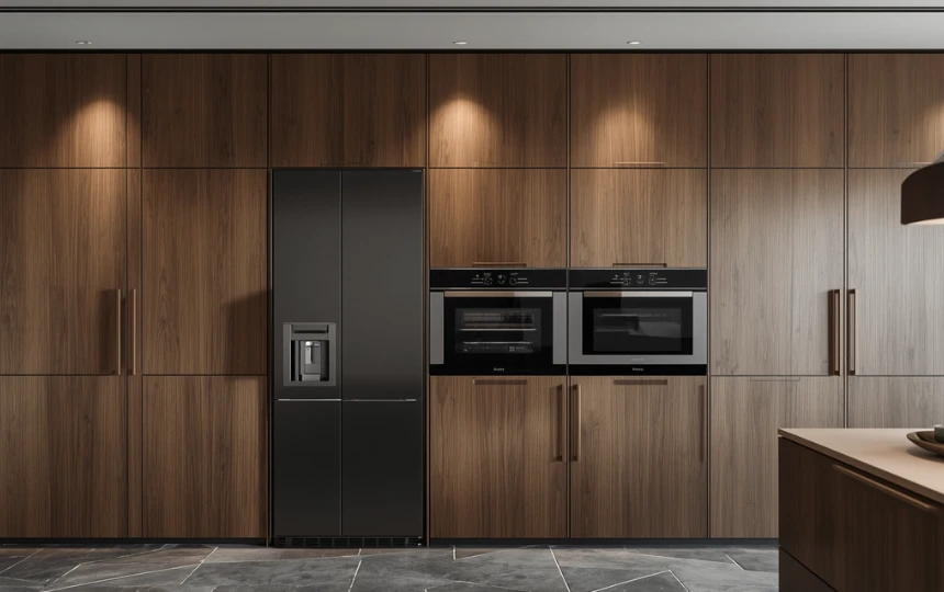 Floor-to-ceiling integrated storage wall kitchen with panel-ready appliances and oak veneer cabinets