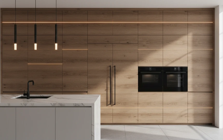 Floor-to-ceiling integrated storage wall with panel-ready appliances and smoked oak veneer in luxury kitchen
