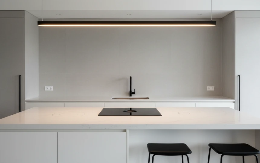 Frameless induction cooktop flush with quartz countertop creating seamless cooking surface