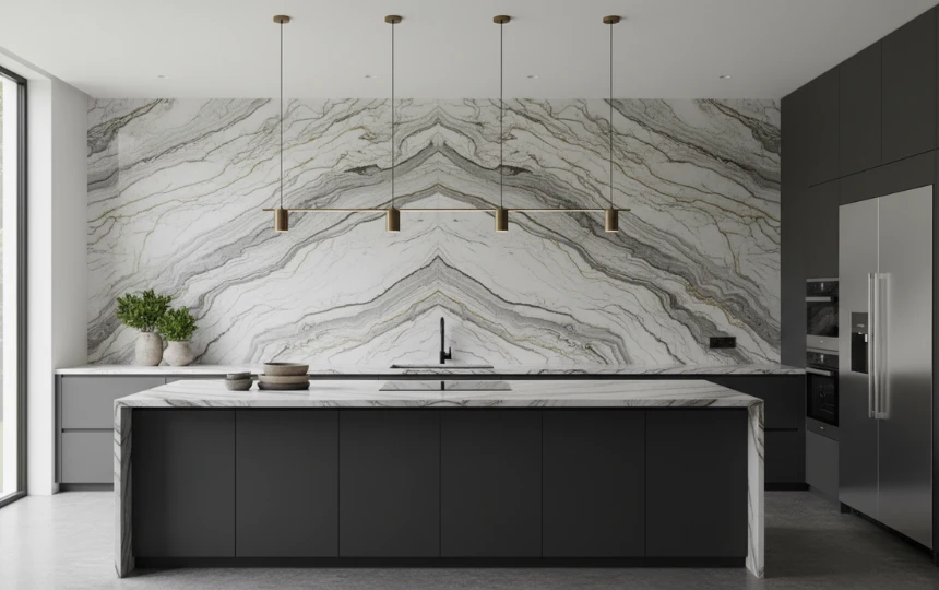 Full-height Calacatta stone slab backsplash with continuous veining flowing from countertop to upper cabinets