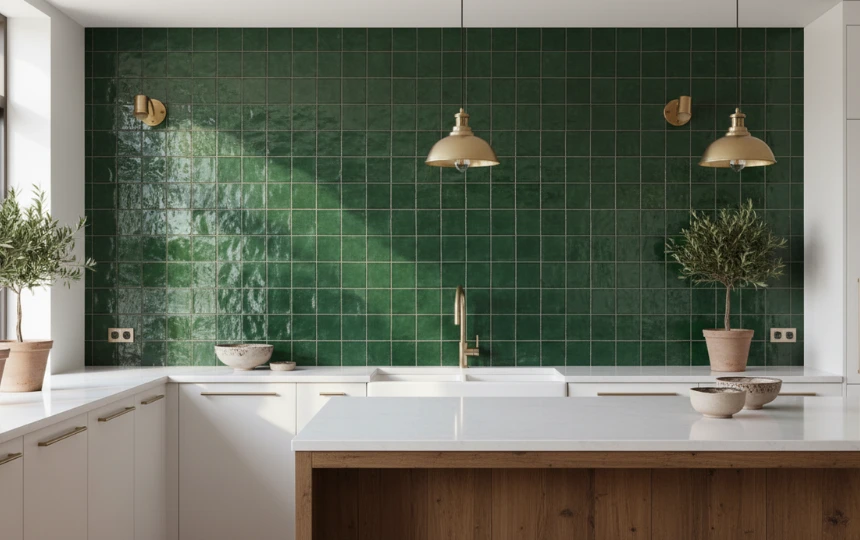 Full-height handmade Moroccan zellige tile kitchen backsplash in deep hunter green with brass fixtures