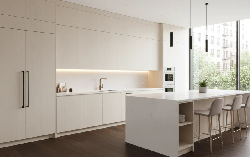 Fully integrated panel-ready appliances seamlessly blending with kitchen cabinetry wall