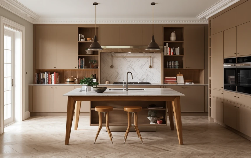 Furniture-style kitchen island with visible tapered legs and marble top resembling a free-standing piece