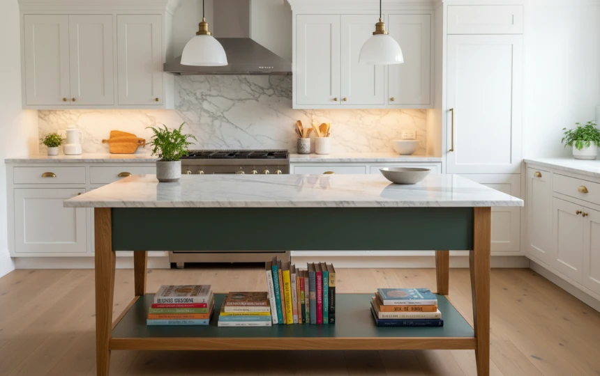 Furniture-style kitchen island with visible tapered legs, marble top and dark green painted body