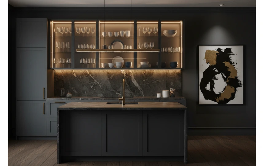 Glass-front kitchen cabinets with interior LED lighting showcasing curated glassware collection