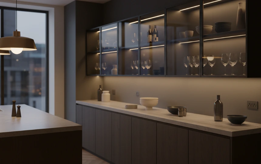 Glass front kitchen cabinets with interior LED lighting showcasing curated ceramics and glassware collection