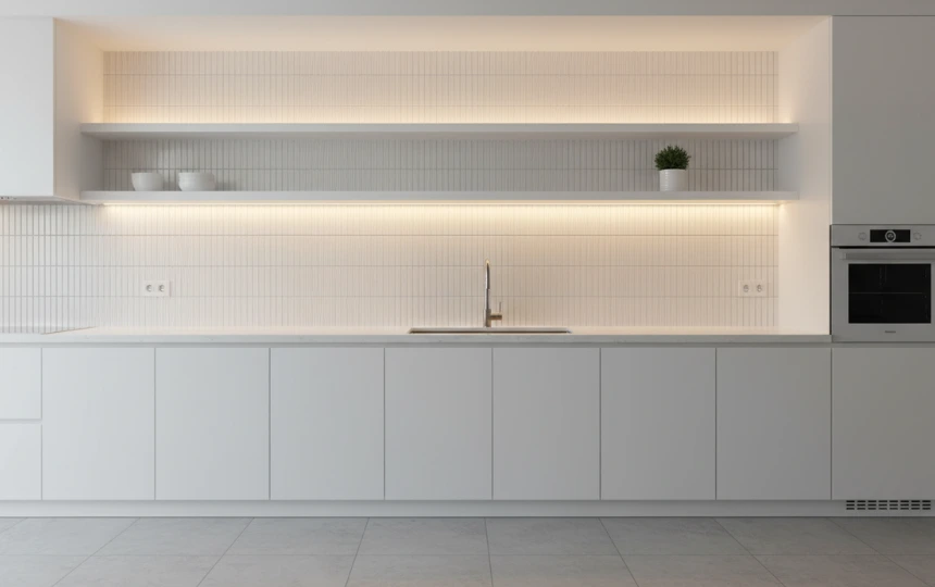Glossy fluted ribbed ceramic tile kitchen backsplash with 3D texture creating light and shadow