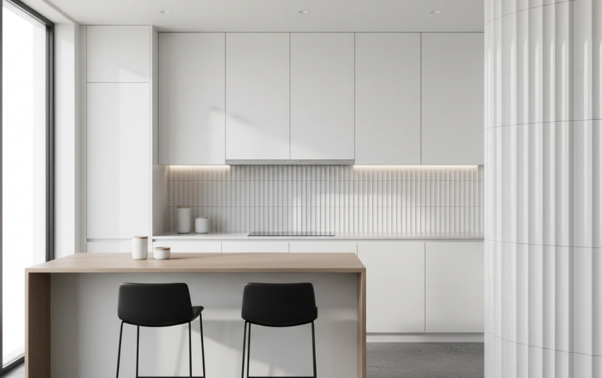 Glossy white fluted ribbed ceramic tile kitchen backsplash with 3D shadow lines and architectural detail
