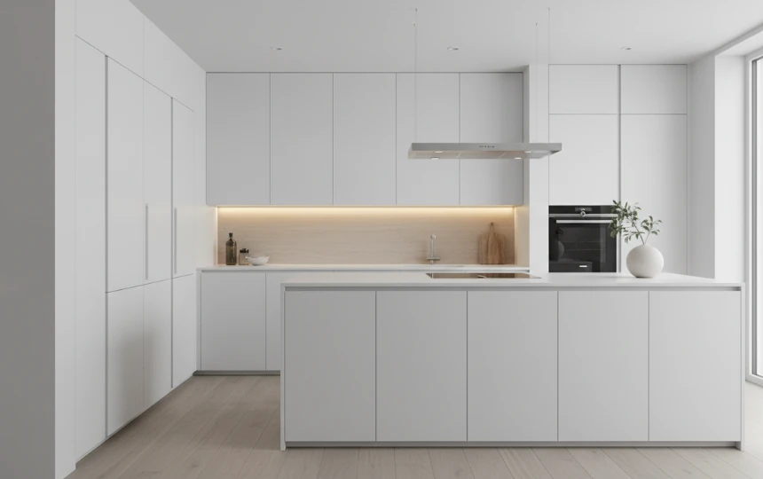 Handleless flat-front white lacquer kitchen cabinets with integrated J-pull channels and floor to ceiling design