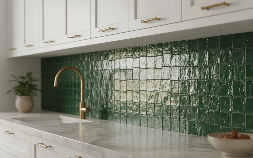 Handmade green Moroccan zellige tile kitchen backsplash with light-catching irregular surface