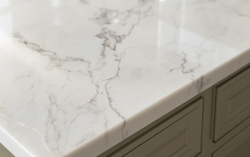 Honed Carrara marble kitchen countertop with soft matte surface and natural veining