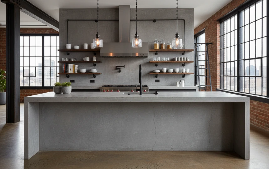 Industrial modern kitchen with custom concrete countertops, matte black fixtures, and open shelving
