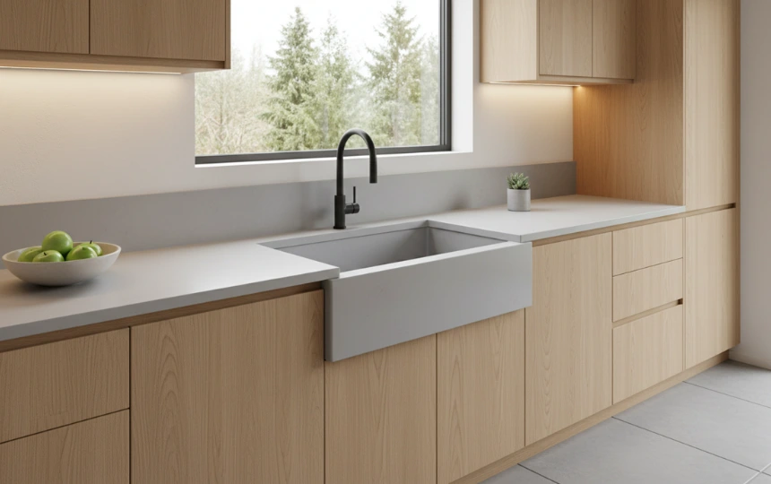 Integrated seamless sink molded from countertop material in minimalist modern kitchen