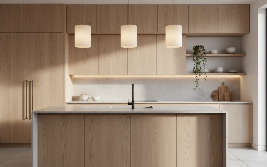Japandi kitchen with white oak wood veneer flat panel cabinets, honed stone countertops and minimal hardware