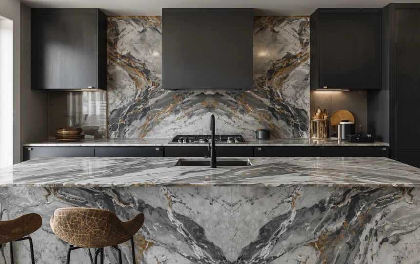 Large format porcelain slab countertop and backsplash with dramatic veining in modern kitchen