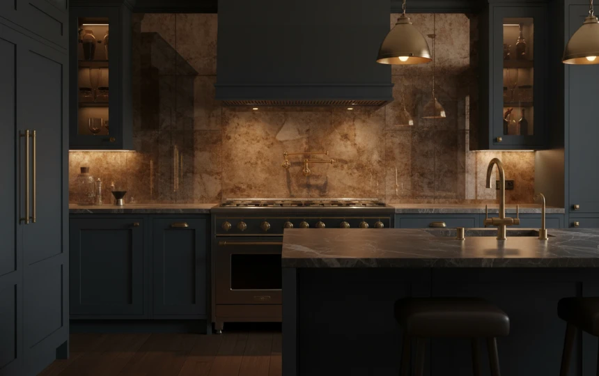 Luxurious kitchen with smoked antique mirror glass backsplash panels behind range reflecting warm amber light