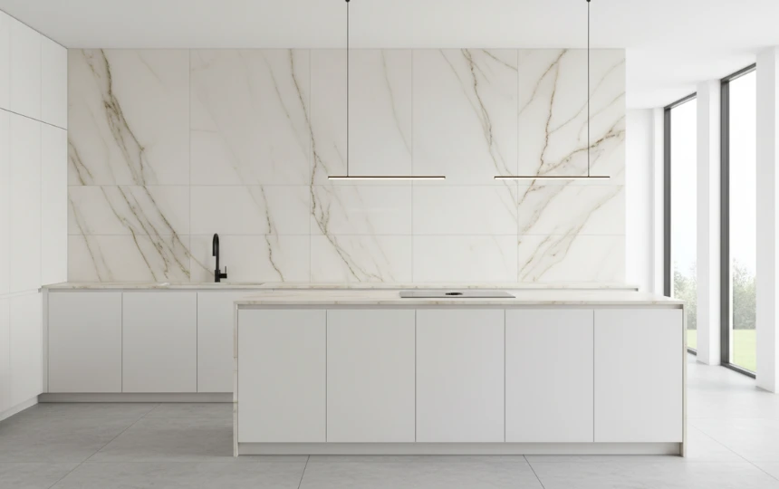 Minimalist kitchen with large-format porcelain tile backsplash in marble effect with minimal grout lines