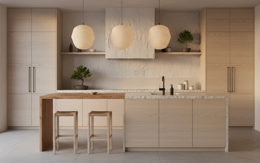 Modern Japandi kitchen with white oak wood veneer flat panel cabinetry and stone countertops