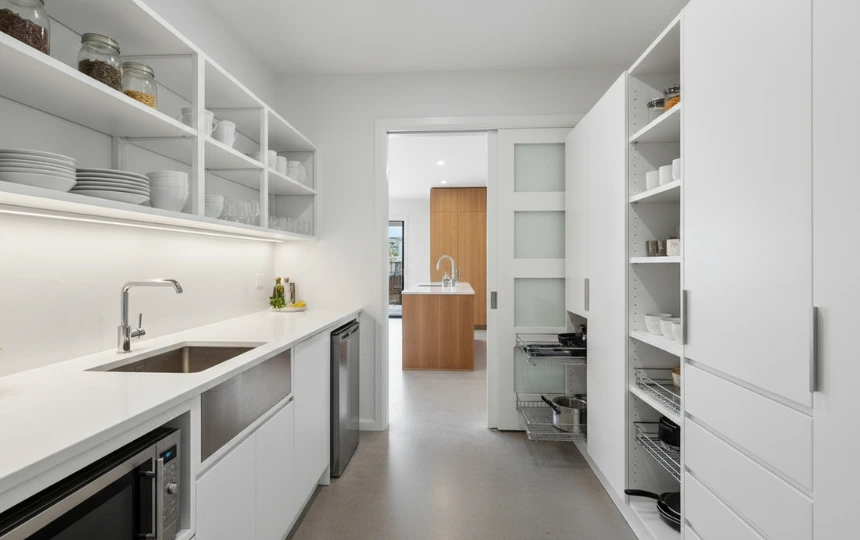 Modern chef's scullery or back kitchen with practical storage, secondary sink, and appliances hidden from main space