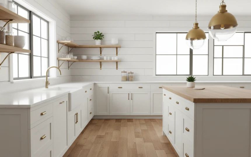 Modern farmhouse kitchen with painted white shiplap wood panel backsplash creating architectural texture