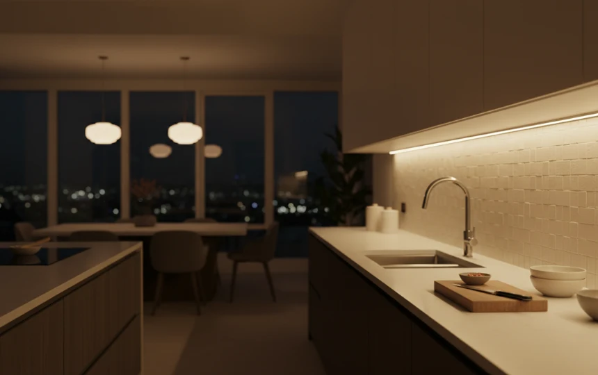 Modern kitchen at night with warm LED strip lighting under upper cabinets illuminating prep area