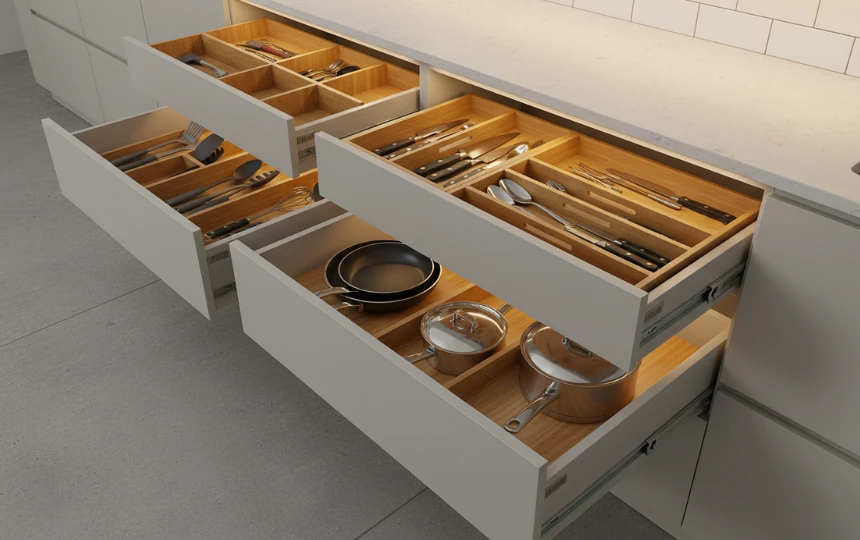 Modern kitchen base cabinets with multiple deep drawer stacks and soft-close full extension drawer systems