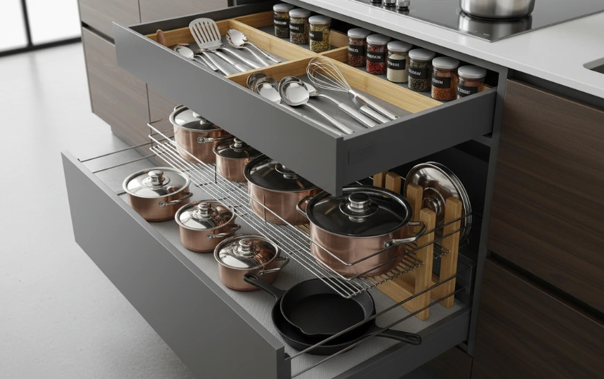 Modern kitchen drawer and pull-out cabinet storage systems with organized compartments and dividers