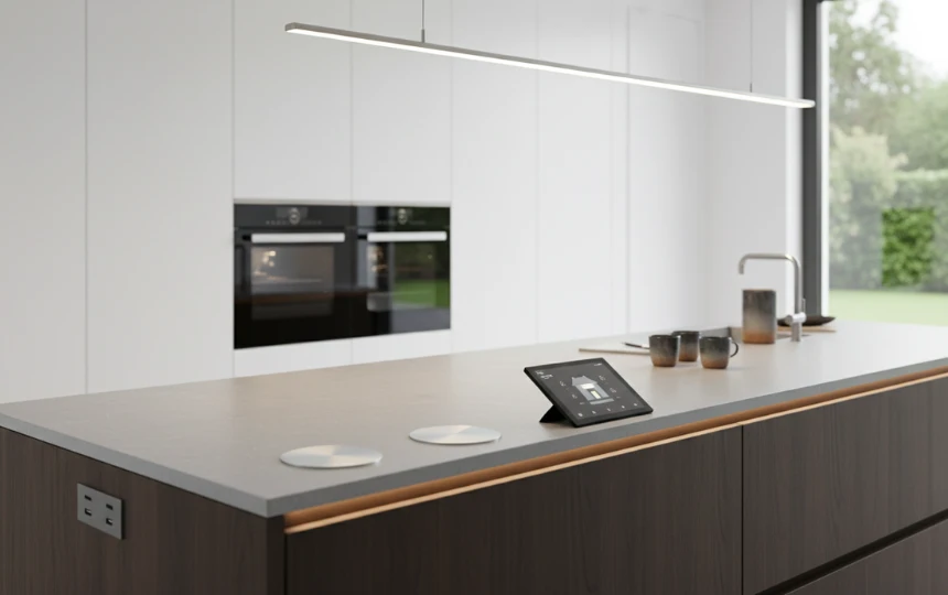 Modern kitchen island with built-in wireless charging pad and smart home controls integrated seamlessly