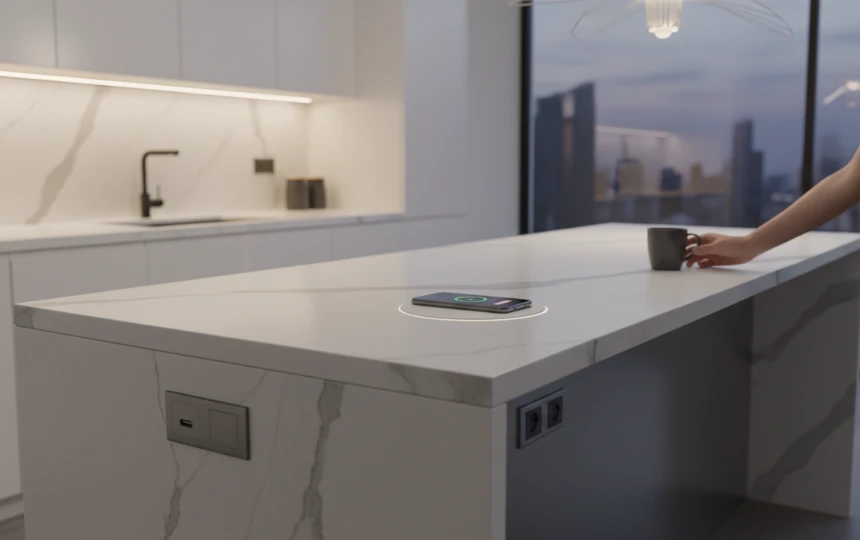 Modern kitchen island with flush-mounted USB-C ports and wireless charging pad integrated into quartz countertop