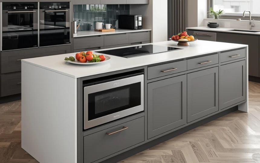 Modern kitchen island with integrated drawer microwave seamlessly built into the base