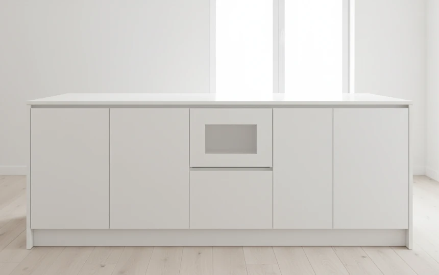 Modern kitchen island with integrated hidden drawer microwave seamlessly built into base cabinetry