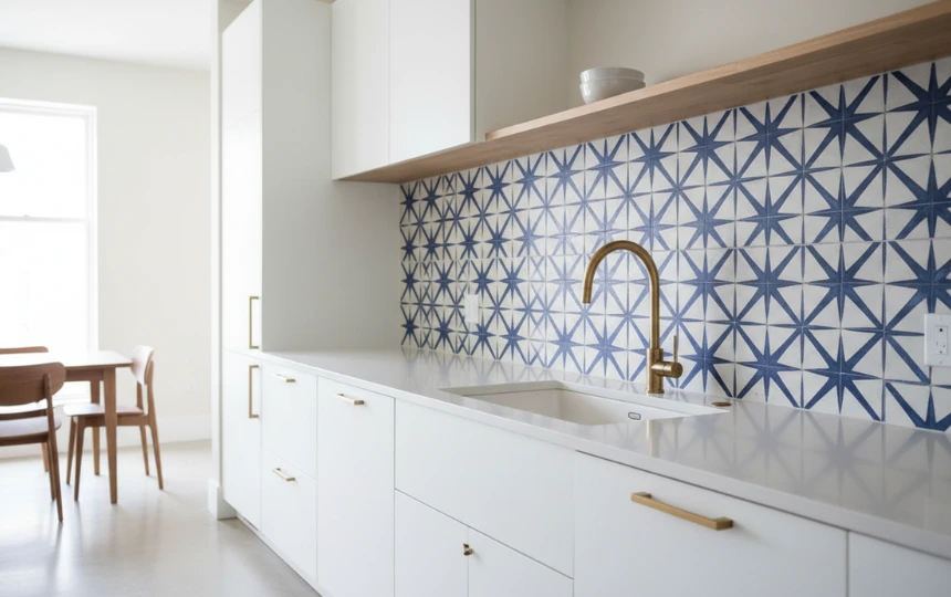 Modern kitchen with bold blue and white geometric encaustic cement tile backsplash
