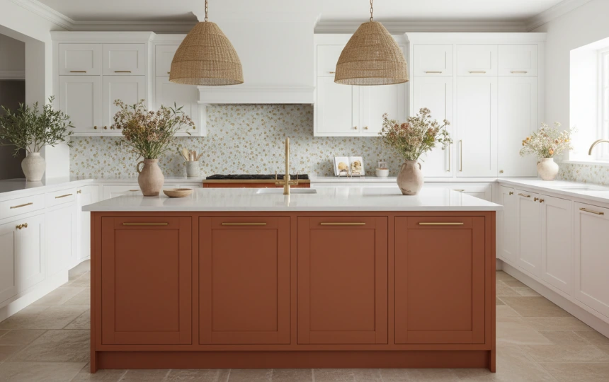 Modern kitchen with bold terracotta orange island contrasting with white perimeter cabinets and brass hardware