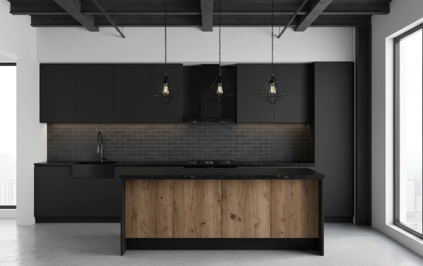 Modern kitchen with charcoal slim brick tile backsplash and integrated black range hood