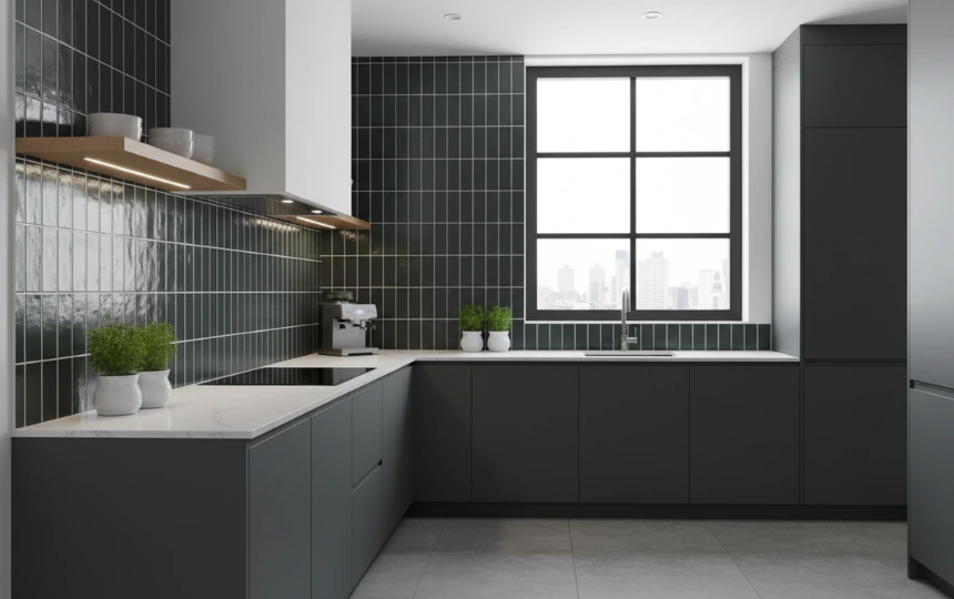 Modern kitchen with dark charcoal matte subway tile in vertical stacked bond pattern with white grout
