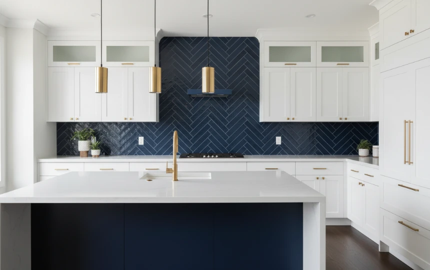 Modern kitchen with deep navy herringbone tile backsplash pattern and white cabinetry with brass hardware