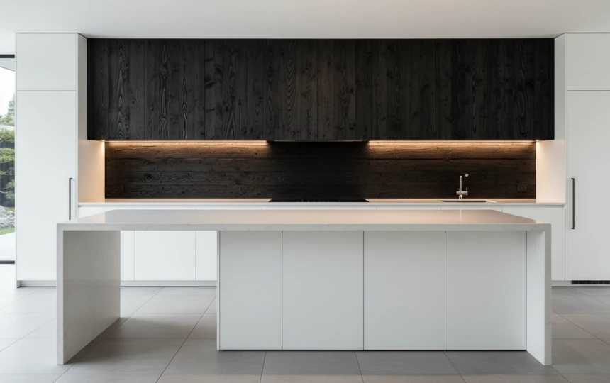 Modern kitchen with dramatic Shou Sugi Ban charred blackened wood backsplash panels against white cabinetry